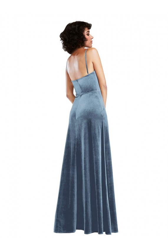 Dusty Blue Cowl Neck Sleeveless Open Back Sheath Semi Formal Evening Dress