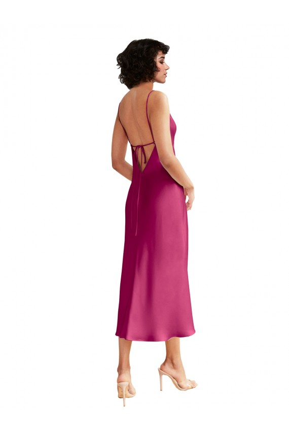 Fuchsia V-Neck Sleeveless Low Back Stretch Satin A-Line Formal Evening Gown