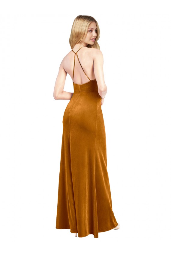 Gold High Neck Sleeveless Open Back A-Line Formal Evening Dress