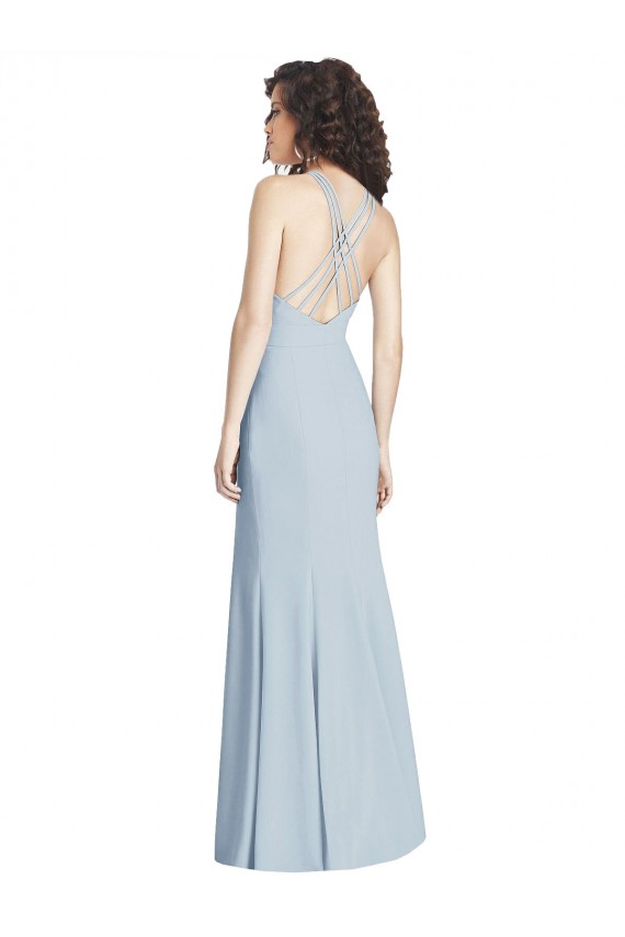 Light Sky Blue Halter Neck Sleeveless Open Back Trumpet Evening Gown