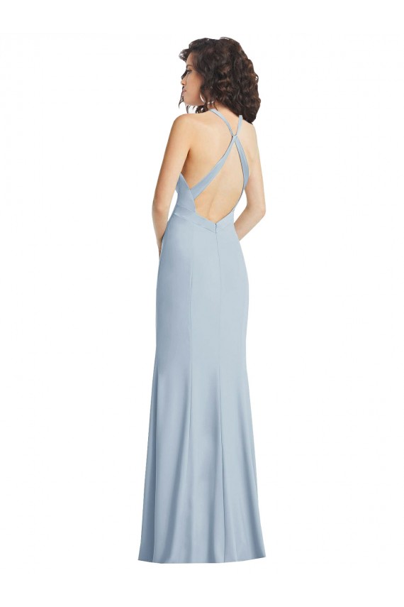 Light Sky Blue High Neck Sleeveless Open Back Trumpet Formal Evening Dress