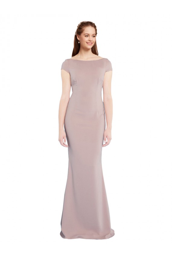 Dusty Pink Boat Neck Cap Sleeves Tie Back Mermaid Formal Evening Dress