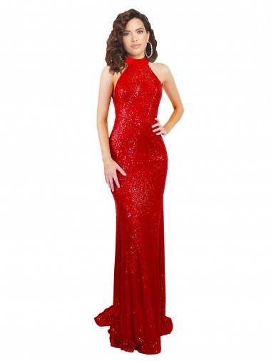 Cheapest Red High Neck Sleeveless Open Back Mermaid Formal Evening Gown