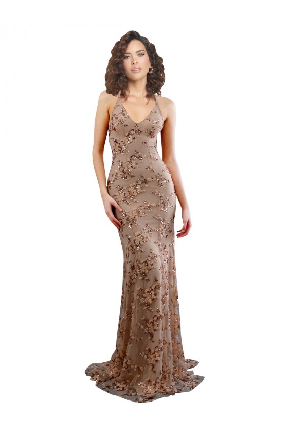 Rose Gold High Neck Sleeveless Open Back Mermaid Formal Evening Dress