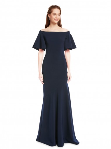 Cheapest Dark Navy Off the Shoulder Short Sleeves Mermaid Evening Dress