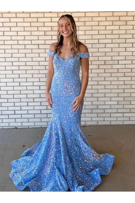 Periwinkle Off the Shoulder Sleeveless Mermaid Evening Dress