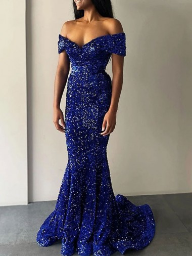 Cheapest Royal Blue Off the Shoulder Sleeveless Mermaid Evening Dresses