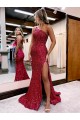 Burgundy One Shoulder Sleeveless Mermaid Evening Dress