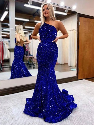 Cheapest Royal Blue One Shoulder Sleeveless Mermaid Evening Dress