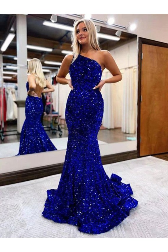 Royal Blue One Shoulder Sleeveless Mermaid Evening Dress