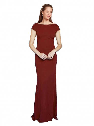Cheapest Burgundy Round Neck Cap Sleeves Keyhole Back Mermaid Formal Evening Dress