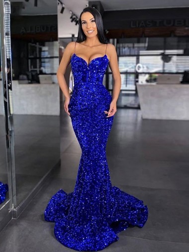 Cheapest Royal Blue Spaghetti Straps Sleeveless Mermaid Evening Dress