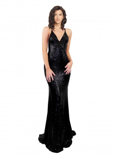 Cheapest Black V-Neck Sleeveless Open Back Mermaid Black Tie Evening Dress