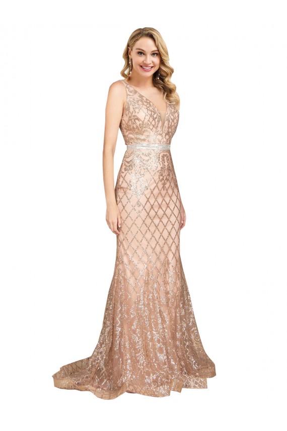 Rose Gold V-Neck Sleeveless V-Back Mermaid Plus Size Formal Evening Dress