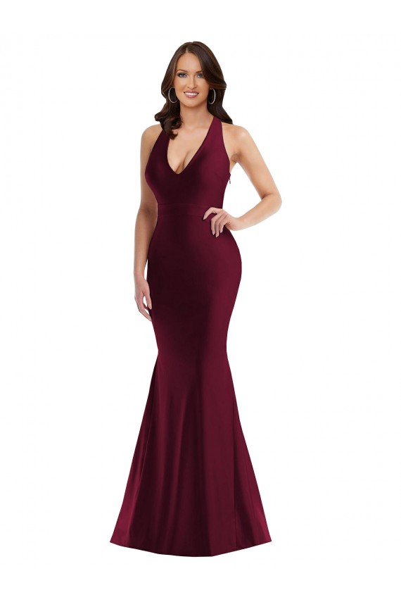 Burgundy V-Neck Sleeveless Open Back Mermaid Plus Size Formal Evening Dress