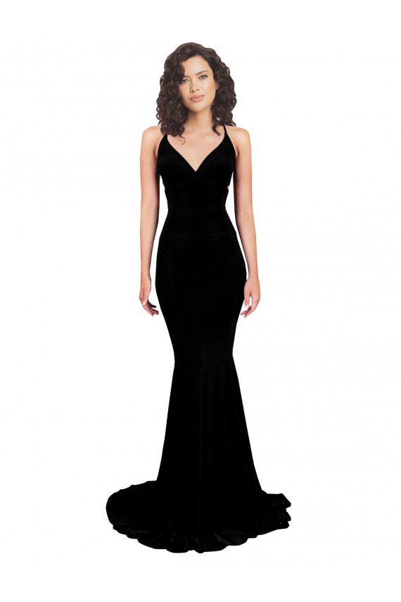 Black V-Neck Sleeveless Open Back Mermaid Formal Evening Dress