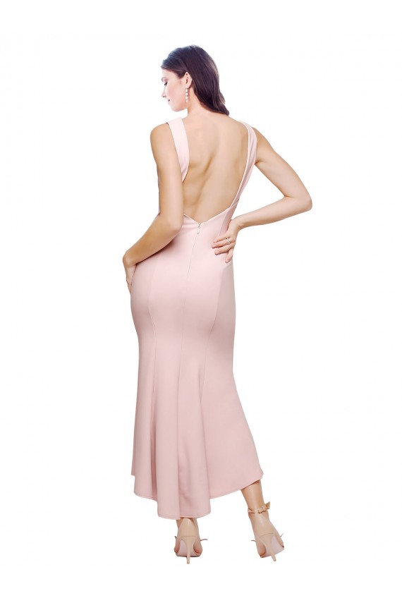 Pink High Neck Sleeveless Low Back Sheath High Low Evening Dress