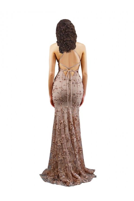 Rose Gold High Neck Sleeveless Open Back Mermaid Formal Evening Dress