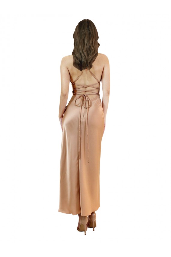 Rose Gold Cowl Neck Sleeveless Open Back Sheath Formal Evening Dress