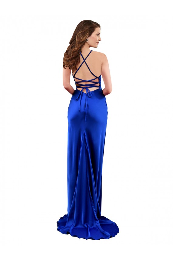 Royal Blue Cowl Neck Sleeveless Open Back Sheath Formal Evening Dress
