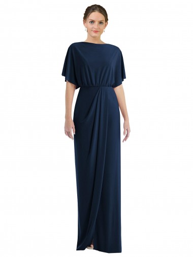 Cheapest Dark Navy Bateau Neck Short Sleeves Open Back Sheath Semi Formal Evening Dress