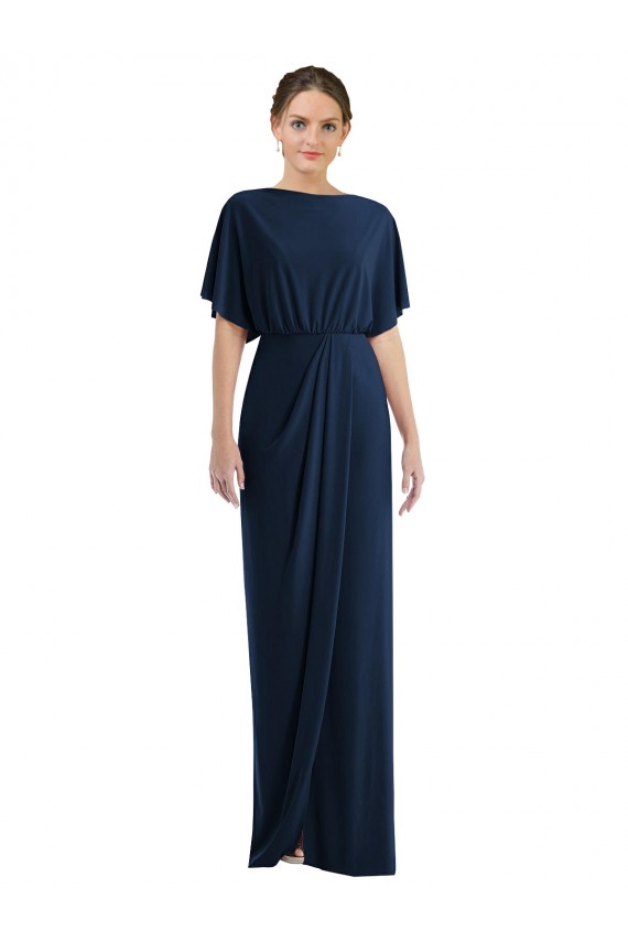 Dark Navy Bateau Neck Short Sleeves Open Back Sheath Semi Formal Evening Dress