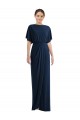 Dark Navy Bateau Neck Short Sleeves Open Back Sheath Semi Formal Evening Dress