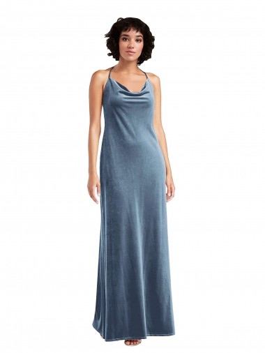 Cheapest Dusty Blue Cowl Neck Sleeveless V-Back Sheath Evening Gown