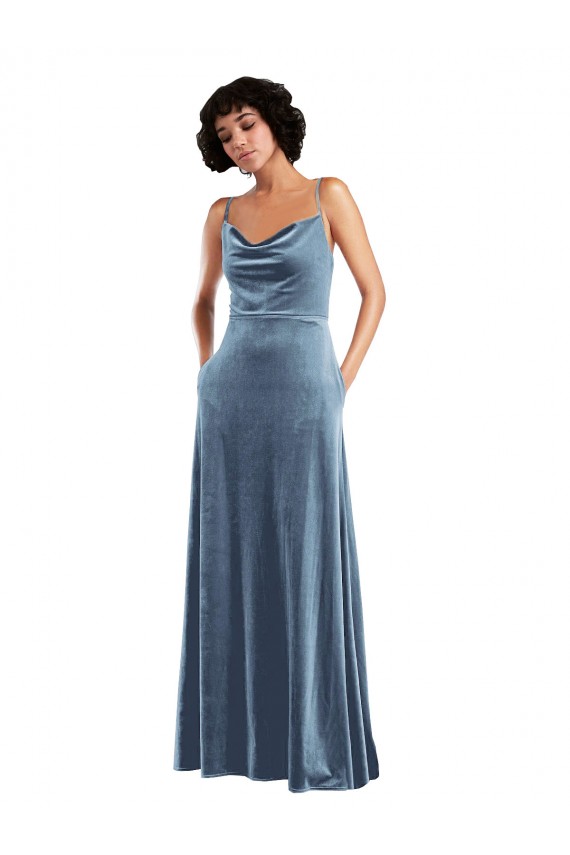 Dusty Blue Cowl Neck Sleeveless Open Back Sheath Semi Formal Evening Dress