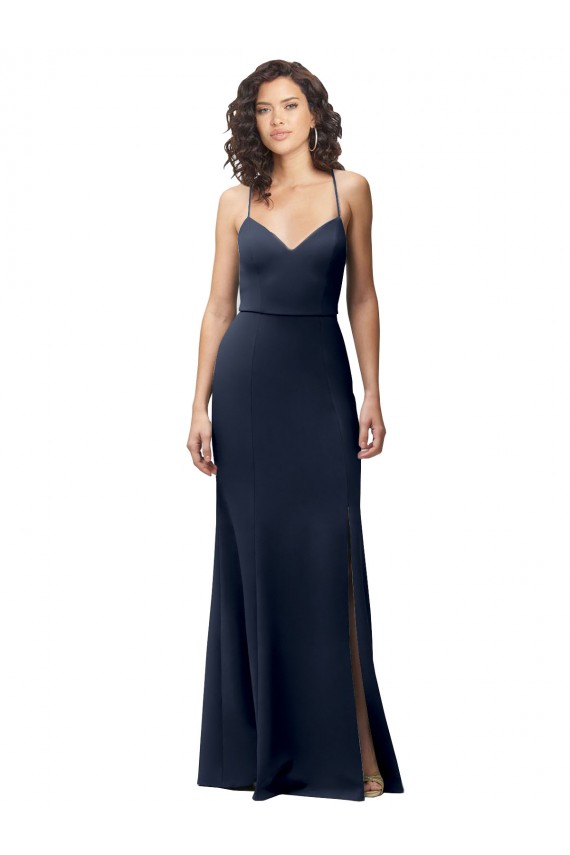 Dark Navy High Neck Sleeveless Open Back Sheath Formal Evening Dress