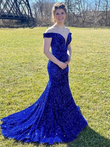 Cheapest Royal Blue Off the Shoulder Sleeveless Sheath Evening Dress