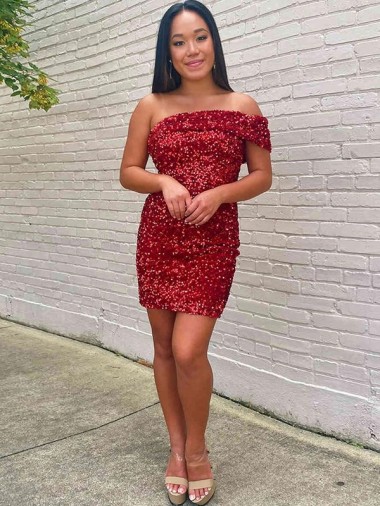 Cheapest Burgundy One Shoulder Sleeveless Sheath Evening Dress