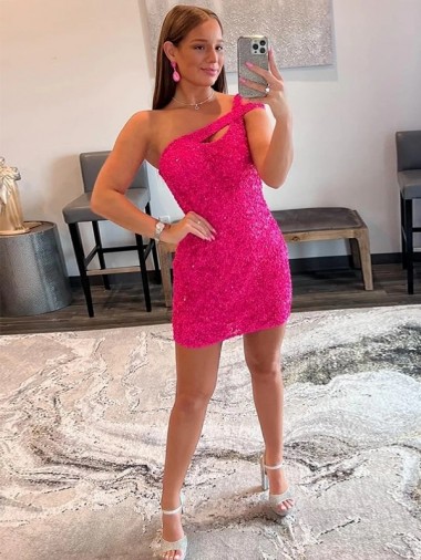 Cheapest Fuchsia One Shoulder Sleeveless Sheath Evening Dresses
