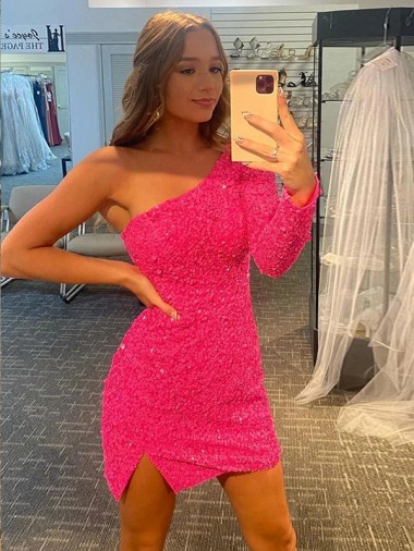Cheapest One Shoulder Long Sleeves Sheath Evening Gown