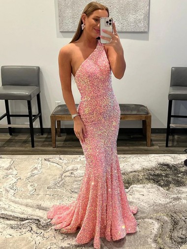 Cheapest Pink One Shoulder Sleeveless Sheath Evening Dress