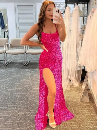 Cheapest Fuchsia Spaghetti Straps Sleeveless Sheath Evening Dress