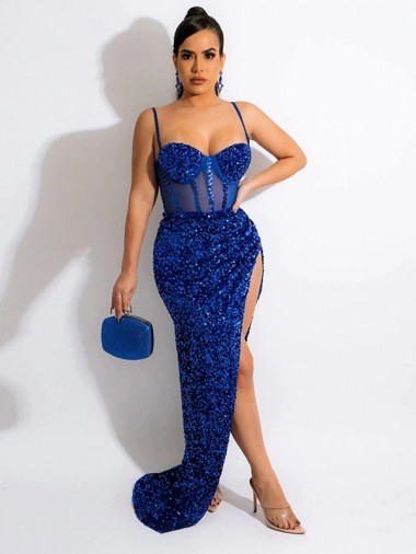 Cheapest Royal Blue Spaghetti Straps Sleeveless Sheath Evening Gown