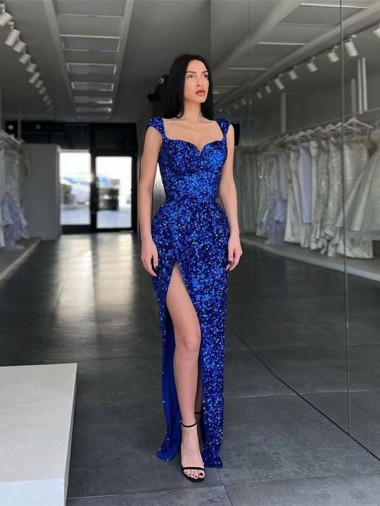 Cheapest Royal Blue Spaghetti Straps Sleeveless Sheath Evening Gowns