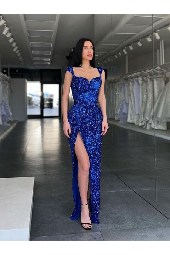Royal Blue Spaghetti Straps Sleeveless Sheath Evening Gowns