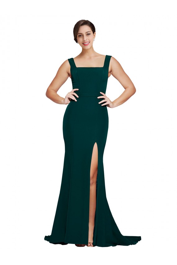 Midnight Green Square Neck Sleeveless Sheath Semi Formal Evening Dress