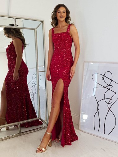 Cheapest Burgundy Square Neck Sleeveless Sheath Evening Dress