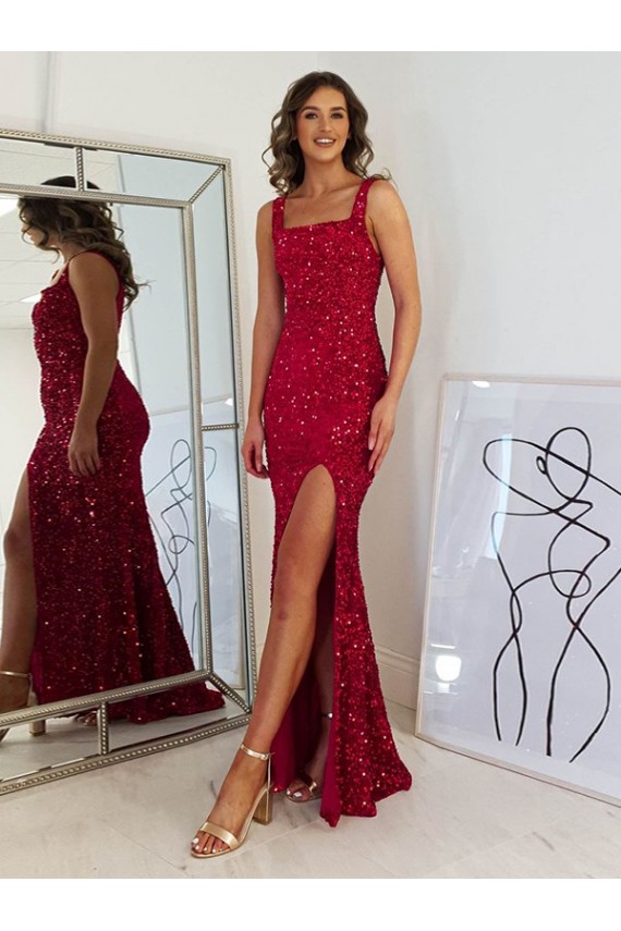 Burgundy Square Neck Sleeveless Sheath Evening Dress