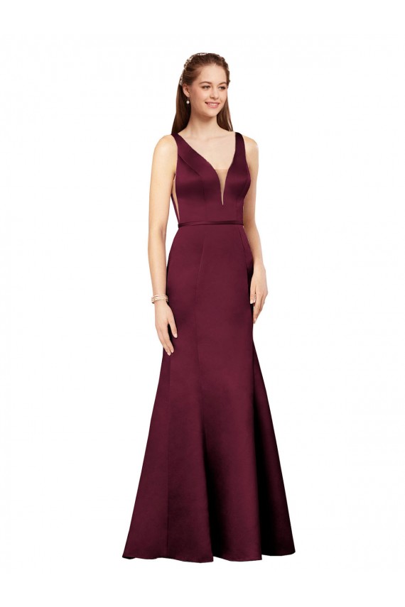 Burgundy V-Neck Sleeveless V-Back Sheath Formal Evening Dress