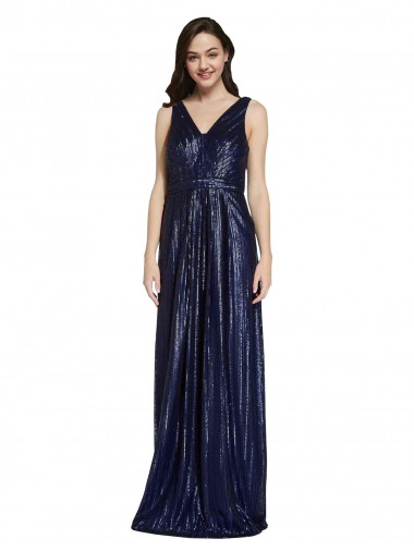 Cheapest Dark Navy V-Neck Sleeveless V-Back Sheath Formal Evening Dress