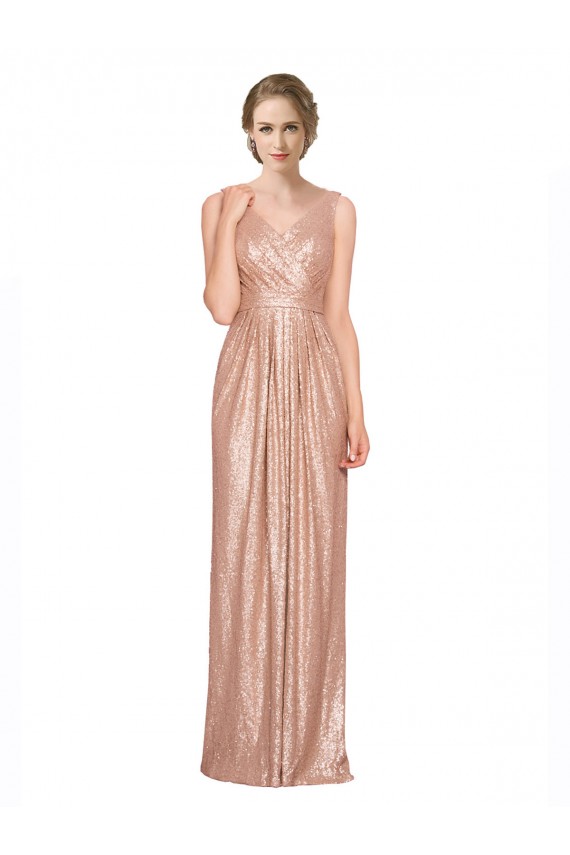 Rose Gold V-Neck Sleeveless Sheath Evening Dress