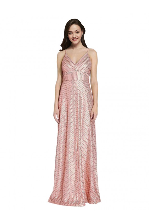 Rose Gold V-Neck Sleeveless Low Back Sheath Formal Evening Dress