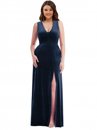 Cheapest Dark Navy V-Neck Sleeveless Sheath Plus Size Formal Evening Dress