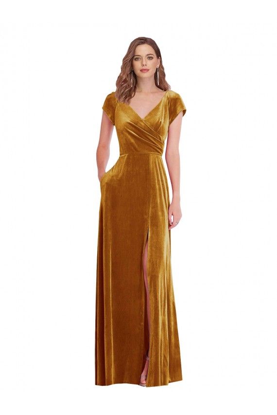Gold V-Neck Cap Sleeves Sheath Formal Evening Dress