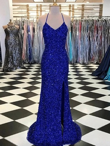Cheapest Royal Blue V-Neck Sleeveless Sheath Long Evening Dress