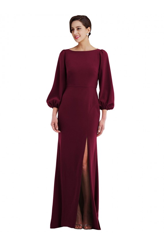Burgundy Gold Bateau Neck Long Sleeves Open Back Trumpet Formal Evening Dress